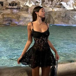 Casual Dresses NEONBABIPINK See Through Sexy Lace Black Night Club Outfits For Women Summer 2024 V Neck Backless Mini Dress N69-CI12