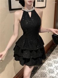 Casual Dresses Summer Glitter Beads Halter Black Mini Dress Sexy Hollow Out A Line Strap 2024 Fashion Sleeveless Short Party