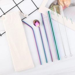 Drinking Straws 7PCS Reusable Metal Stainless Steel Straw Spoon Set With Brush Colourful Bar Party Accessory