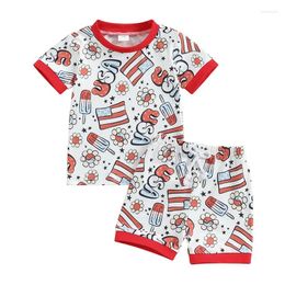 Clothing Sets Toddler Girls 4th Of July Outfit Letter Flag Floral Popsicle Print Short Sleeve T-Shirt And Shorts Set Cute Clothes