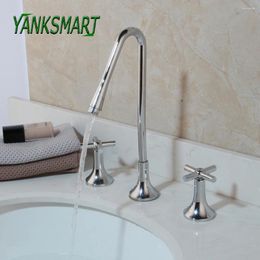 Bathroom Sink Faucets YANKSMART UK Tall 3 Hole Double Cross Handles Basin Deck Mounted Chrome Polished Faucet Mixer Water Tap