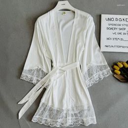 Home Clothing White Bride Wedding Morning Gown Lace Hem Bathrobe Kimono Lady Elegant Sleepwear V-Neck Nightwear Satin Intimate Lingerie