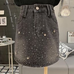 Skirts Korean Fashion High Street Vintage Heavy Embroidery Drilling Mini Skirt Women Waist Slim Denim Girl