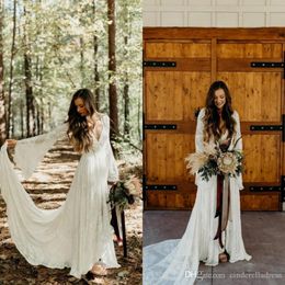 Country Style Boho Lace Wedding Dresses With Long Sleeves V Neck A Line Beach Wedding Gowns Bohemian Plus Size Bridal Dress 270y