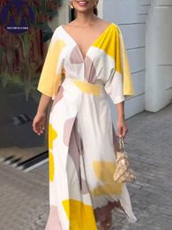 Casual Dresses For Women 2024 Summer Elegant Colour Blocking V Neck Half Sleeve Long Dress Fashionable Loose Women's