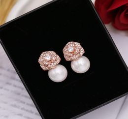 Whole diamond zircon camillia flower pearl stud earrings for woman girls super glittering ins fashion luxury designer 925 sil3786477