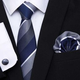 Neck Tie Set Fashion Silk Jacquard Tie White Geometric Tie Hanky Cufflink Set Ties For Men Business Wedding Party