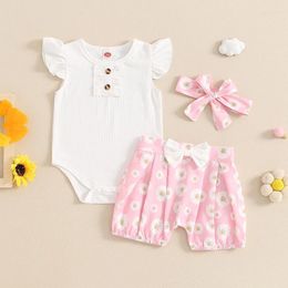 Clothing Sets Born Infant Baby Girl Summer Outfits Ribbed Ruffle Romper Bowknot Shorts Headband Set Toddler 3Pcs Clothes