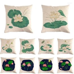 Pillow Green Beautiful Lotus Print Set 45 45cm Cover Linen Throw Car Home Decoration Decorative Pillowcase