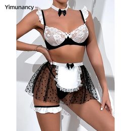 Yimunancy Maid Lingerie Set Women 5Piece Lace Bra Brief Underwear Sexy Dot Garter Intimates 240510
