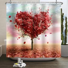 Shower Curtains Love Heart Tree Curtain Red Falling Leaves Romantic Design Simple Bathroom Decor With Hooks Fabric Polyester Bath