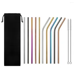 Drinking Straws 12pcs/set Reusable Stainless Steel Extra Long 8.5'' Metal With 2 Brushes Carry Bag Environmental