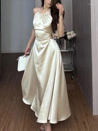 Casual Dresses Vintage Satin Midi For Women 2024 Summer French Fold Hollow Out Elegant Prom Fashion Slim Female Clothes Robe