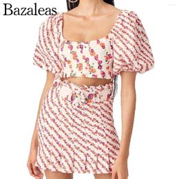 Work Dresses 2024 Bazaleas Store Pleated Mini Skirt Tops Floral Striped Line T-shirt Crop Top Woman's Clothing Official