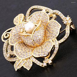 Brooches Luxury Rose Flower Brooch Zircon Crystal Freshwater Pearl Corsage Metal Brass Collar Pin For Women Valentines Birthday Gift