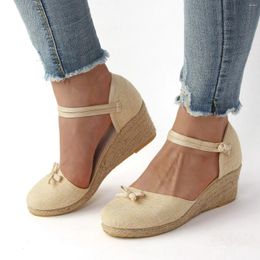 Sandals Summer Wedge Heel Linen Solid Color Baotou One Line Buckle Shallow Mouth Straw Bottom Leather Slippers Beach Shoes