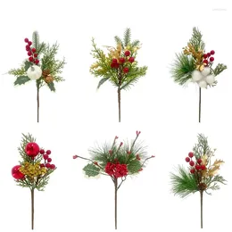 Decorative Flowers Holiday Party Restaurant Decor Artificial Pine Branch Plastic Fake Plant Gold Leaf Red Fruit Simulation Needle Green