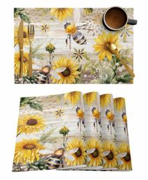 Table Mats 4/6 Pcs Retro Wood Grain Sunflower Bee Placemat Kitchen Home Decoration Dining Coffee Mat
