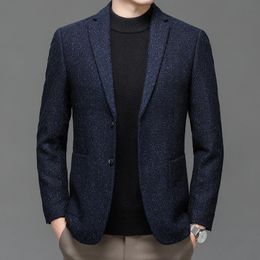 Classical Men Navy Blue Tweed Wool Blazers Sheep Woollen Suit Jackets Gentlemen Fashion Outfits for Business and Casual Wear 240507