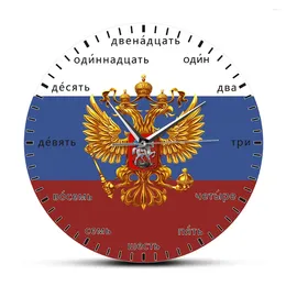 Wall Clocks Russian Languages Numbers Double Headed Eagle Printed Clock Coat Of Arms Russia Quiet Sweep Quartz Zegar Scienny Watch