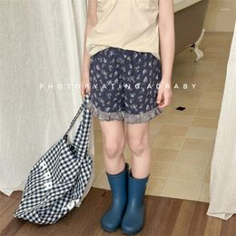 Trousers Kids Pants Childrens Clothing Summer Girls Korean Flower Edge Leggings Shorts 2024 Elastic Waist Printing