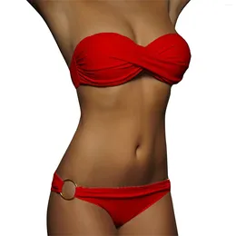 Women's Swimwear Sexy Womens Bandeau Bikinis Set 2024 Summer Brazilian Beachwear Front Cross Swimsuits 2 Piece Bathing Suit With Removable