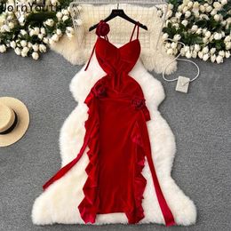 Casual Dresses Elegant Vintage Red Velvet Dress Women Summer Sexy Boodycon 3D Flower Y2k Slim Waist Split Ruffles Temperament Vestidos