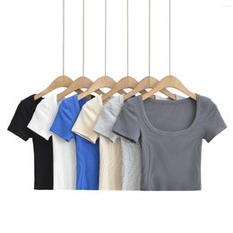 Women's T Shirts Square Collar Summer Solid Women Short Sleeve Basic Crop Tops Sexy Pullover Bottoming Blouses T-shirt