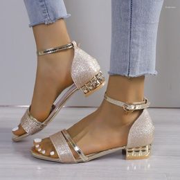 Casual Shoes Women Sandals Summer Heels Open Toe Gold Square Female Ankle Strap Low Footwear Woman