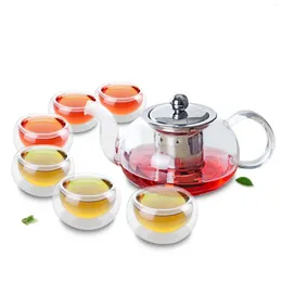 Teaware Sets 1x 7in1 Coffee Tea Set-625ml Short Low Glass Flower Pot With Stainless Steel Infuser Filter 6 Double Wall Layer Cup