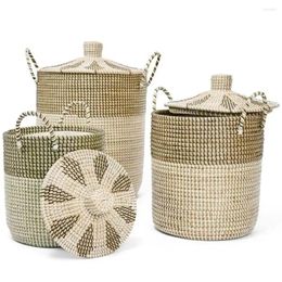 Laundry Bags Seagrass Baskets Set With Lid Handles Natural Handwoven Storage Large Firm Elegant Perfect Gift Basket Organiser