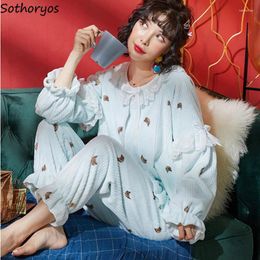 Women's Sleepwear Print Fluffy Pajama Sets Women Cute Simple Loose Ruffles Soft Coral Velvet Ins Chic Nightwear Warm Cozy Tender