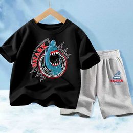 Clothing Sets Summer 2-piece childrens clothing set childrens sports style track and field suit Sea Shark cartoon T-shirt and shorts boys and girls setL2405L2405