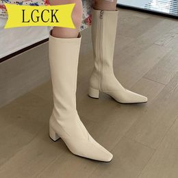 Boots Plus Size 34-39 Genuine Leather Warm Fur Winter Women Classic Ladies Long Autumn Shoes Chunky Heel