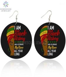 Dangle Chandelier SOMESOOR Black History Race All Year Long African Wooden Drop Earrings Afro Headwrap Woman Power Saying Design2566412