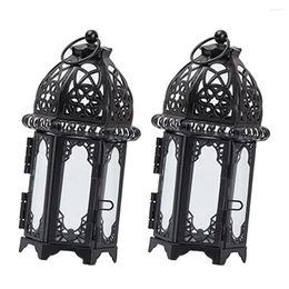 Candle Holders 2pcs Morocco Style Iron Tealight Holder Glass Lanterns Hanging Wedding Centrepieces (Black Clear Glass)
