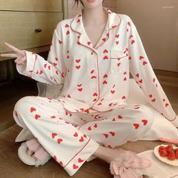 Home Clothing Korean Pyjama Women's Spring Casual Breathable Cardigan Lady Big Size Long Sleeved Pants Sweet Red Love Female Set