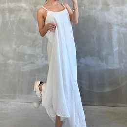 Casual Dresses Elegant O-neck Spaghetti Straps Dress Women Sexy Sleeveless Solid Color Long Fashion Cotton Linen Loose Pleat Party