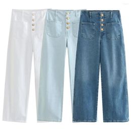 Women's Jeans Maxdutti England High Street Retro Washed Single Breasted Gold Buttons Pockets Loose Denim Pants WomenMom