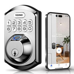 TEEHO TE002W Fingerprint Lock: Keyless Entry Smart Door Latch Suitable for Front Doors, Remote Sharing of Temporary PIN Code, Easy to Install, BHMA Certified,