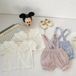 Clothing Sets Summer Infant Baby Girls Short Sleeve Pure Colour T-shirt Grid Braces Shorts Suit Children Clothes