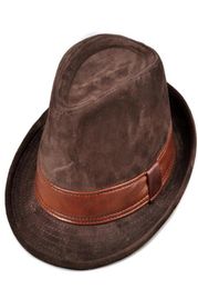 Men Genuine Leather Suede Cow Skin Hats Nubuck Brown Fedoras Women Gentleman Male Jazz Hip Pop Caps 5660cm Fitted Hat1416714