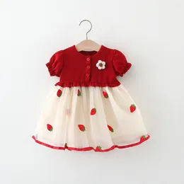 Girl Dresses 2024 Summer Mesh Girls Dress Little Flower Strawberry Korean Short Sleeved Kids Clothes