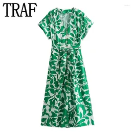 Party Dresses Green Print Long Dress Women Belt Short Sleeve Midi Button Up Summer Woman 2024 Holiday Casual