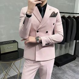 Men's Suits Blazers Fashion Men Double Breasted Plaid Suit Coat Pants 2 Pcs Set / Male Slim Fit Business Wedding Blazers Jacket Trousers #20