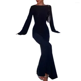 Women Cover-up See-through Long Sleeves Slim Skinny Lace-up Backless Elastic Sun Protection Anti-UV Swimsuit Dress