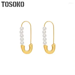 Dangle Earrings TOSOKO Stainless Steel Jewellery Paper Clip Imitation Pearl Women's Winter Elegant BSF359