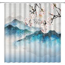 Shower Curtains Asian Curtain Pink Cherry Blossom Japanese Misty Mountain Lake Oriental Landscape Fabric Polyester Bathroom With Hooks