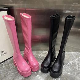 Boots Women's Elastic Winter Shoes Luxury Female Footwear Casual Platform Botas Brand Design Plush Chunky Heels Knee