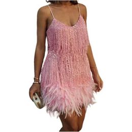 Two Piece Dress Cocktail evening womens sparkling sequined spaghetti shoulder strap feather edge dress Q240511